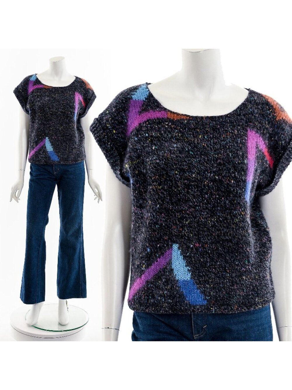 Gray Geometric Short Sleeve Sweater 80s
